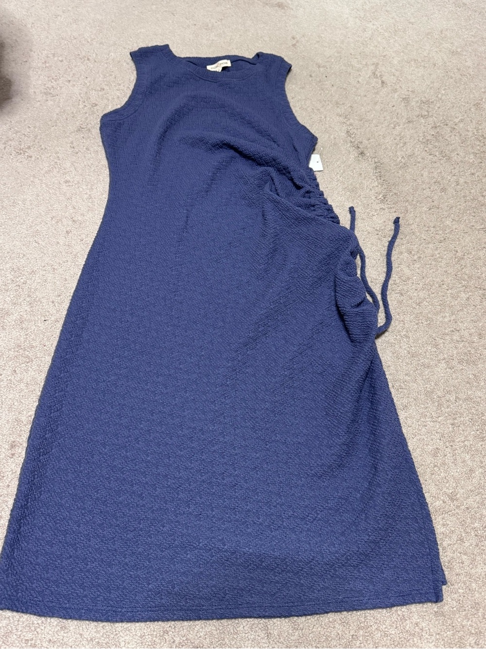 NWT moa moa Sleeveless Navy Textured Midi Dress with Side Tie